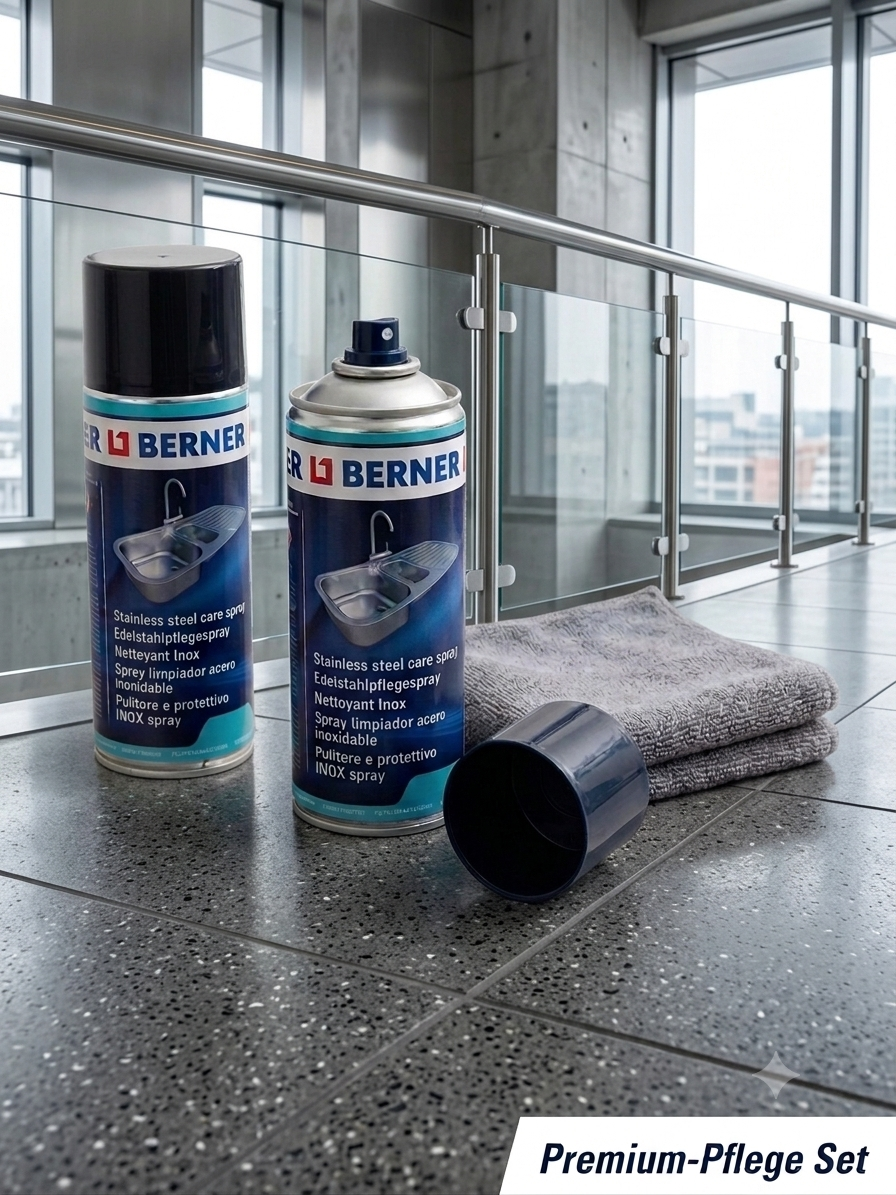 Premium Edelstahl-Pflege-Set bestehend aus Edelstahlpflegespray und grauem Mikrofasertuch vor modernem Edelstahlgeländer.⁠